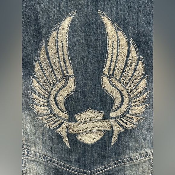 Harley Davidson Women Medium Denim Zip Corset Rhinestone Wing Pocket Vest Y2K - Picture 3 of 8